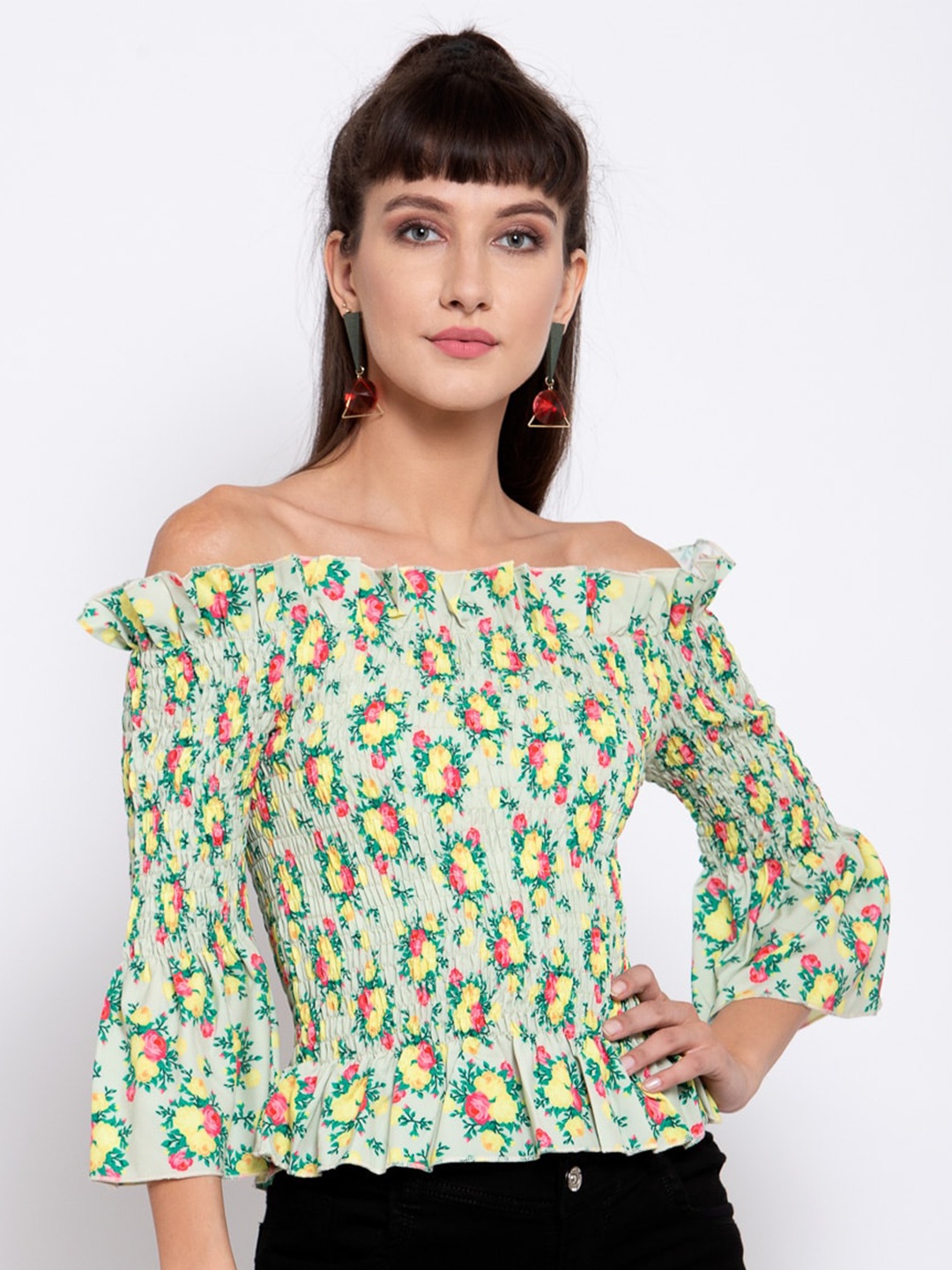

iki chic Floral Printed Off-Shoulder Bardot Top With Smocking Details, Green