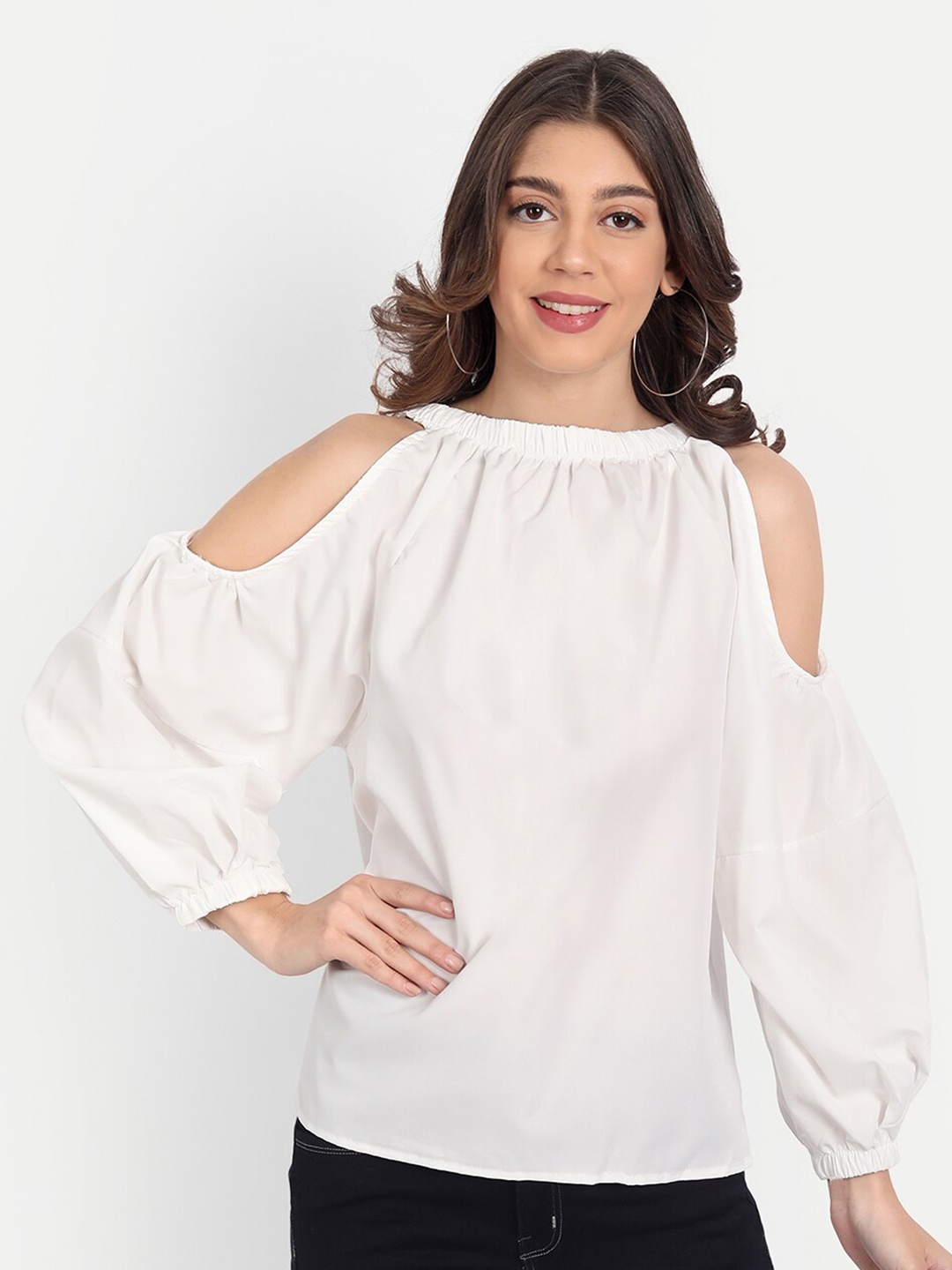 

iki chic Cold Shoulder Sleeves Regular Top, White