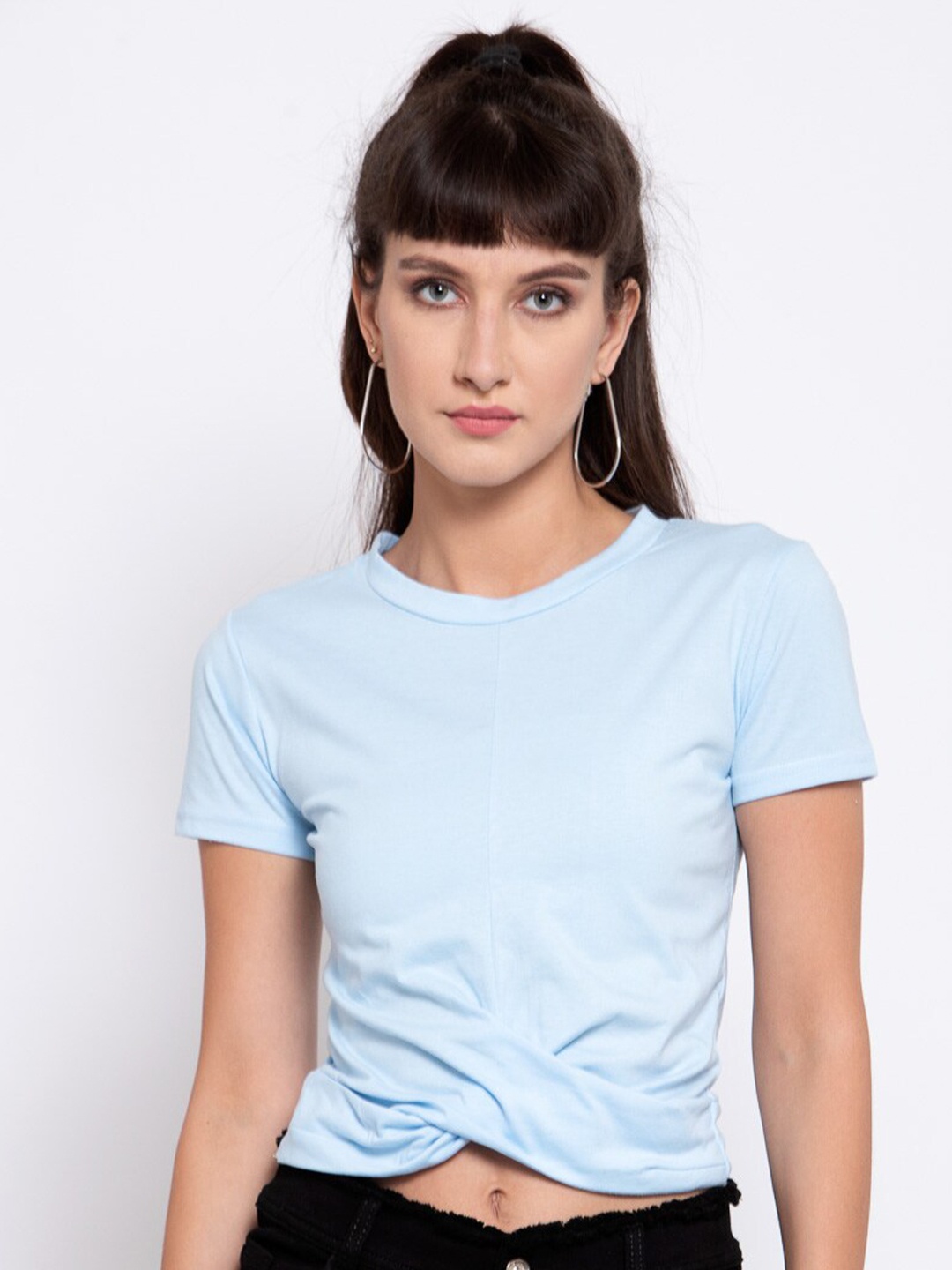 

iki chic Round Neck Cotton Crop Top, Blue