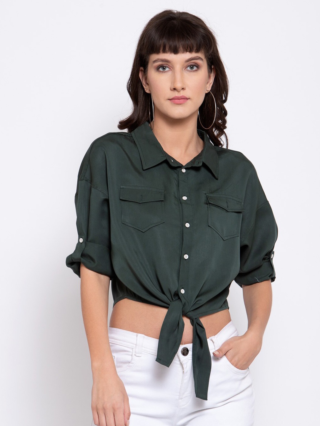 

iki chic Roll-Up Sleeves Shirt Style Crop Top, Green