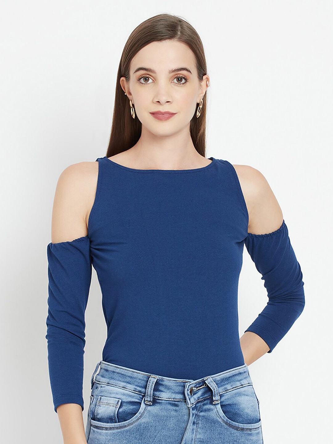 

iki chic Round Neck Cold-Shoulder Sleeves Fitted Top, Navy blue