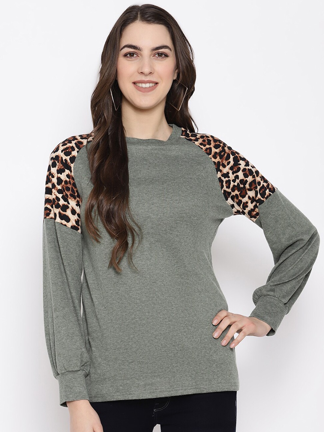 

iki chic Animal Print Round Neck Puff Sleeve Top, Green