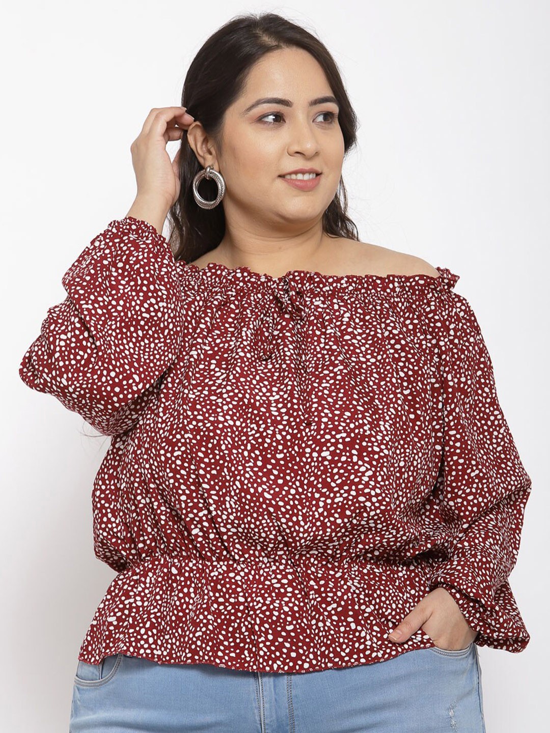 

iki chic Plus Size Polka Dots Printed Off-Shoulder Bell Sleeves Bardot Top, Maroon