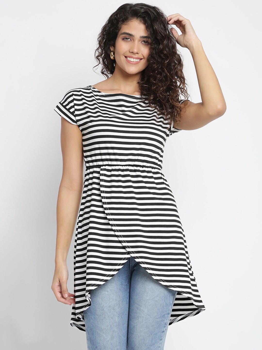 

iki chic Striped Extended Sleeves High-Low Longline Top, Black