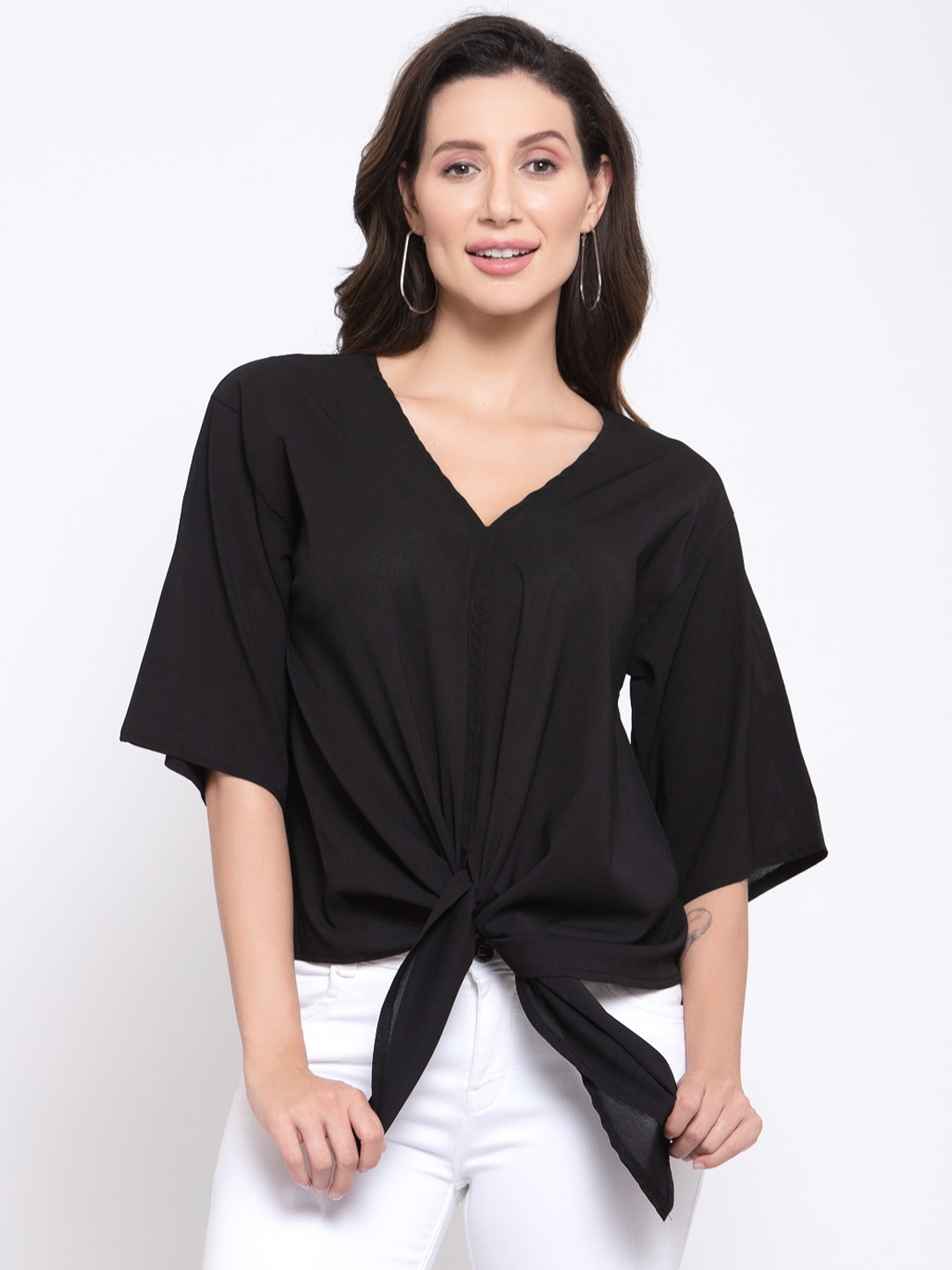 

iki chic V-Neck Waist Tie-Up Top, Black
