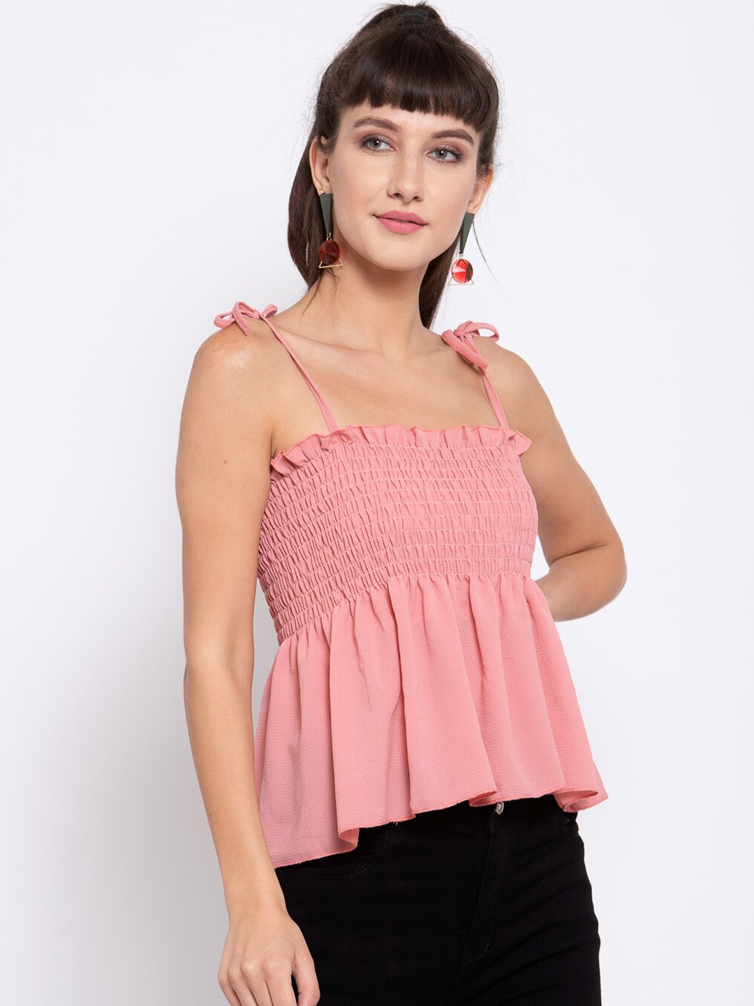 

iki chic Shoulder Straps Smocked Georgette Peplum Top, Rust