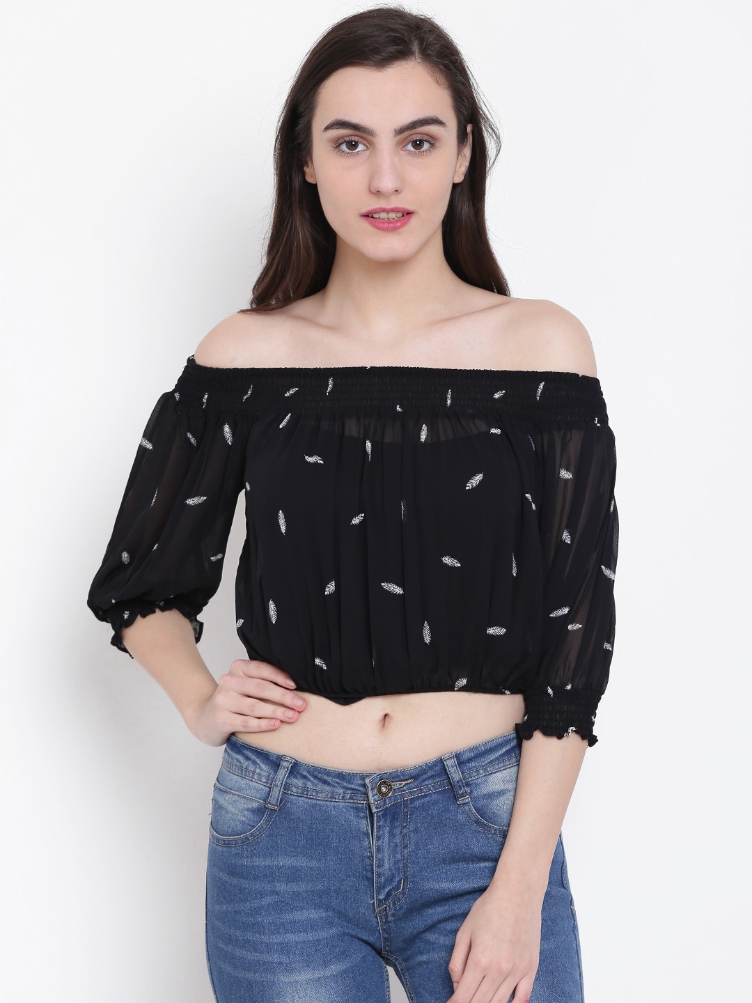

FOREVER 21 Women Black Printed Bardot Crop Top