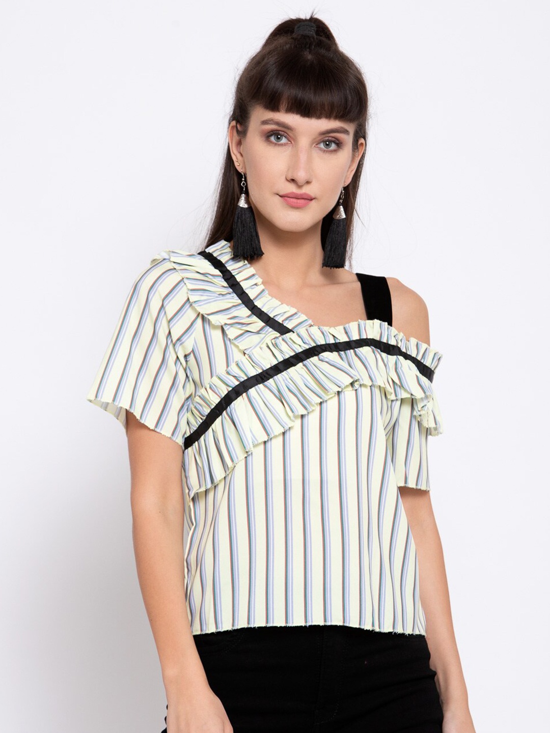 

iki chic Striped Ruffle One Shoulder Top, Yellow