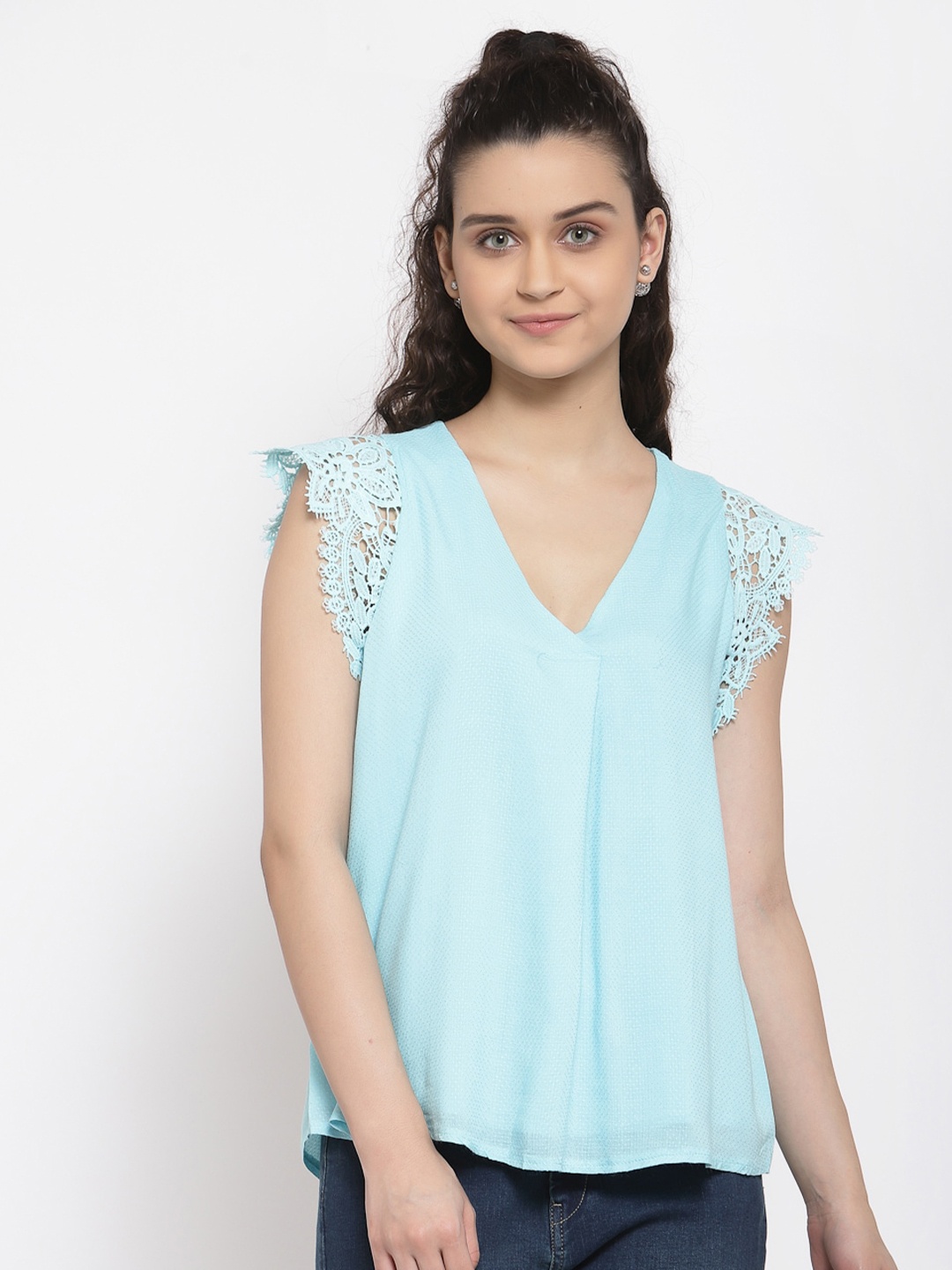 

iki chic V-Neck Crochet Lace Sleeves Regular Top, Blue
