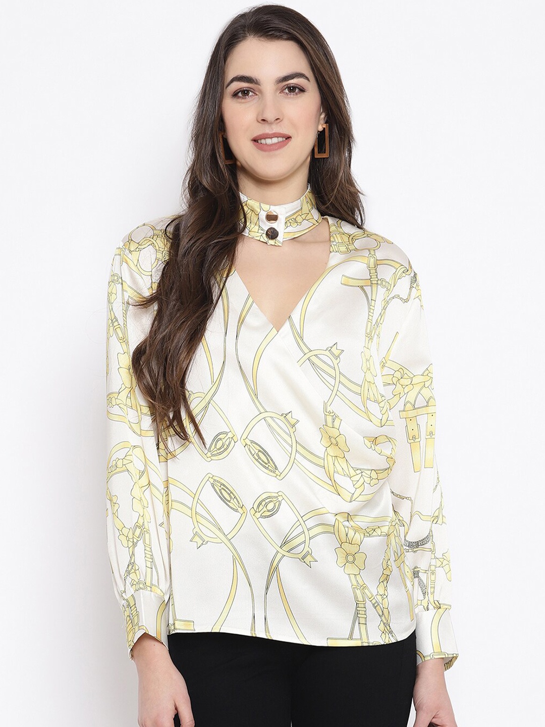 

iki chic Floral Printed Choker Neck Wrap Satin Top, White