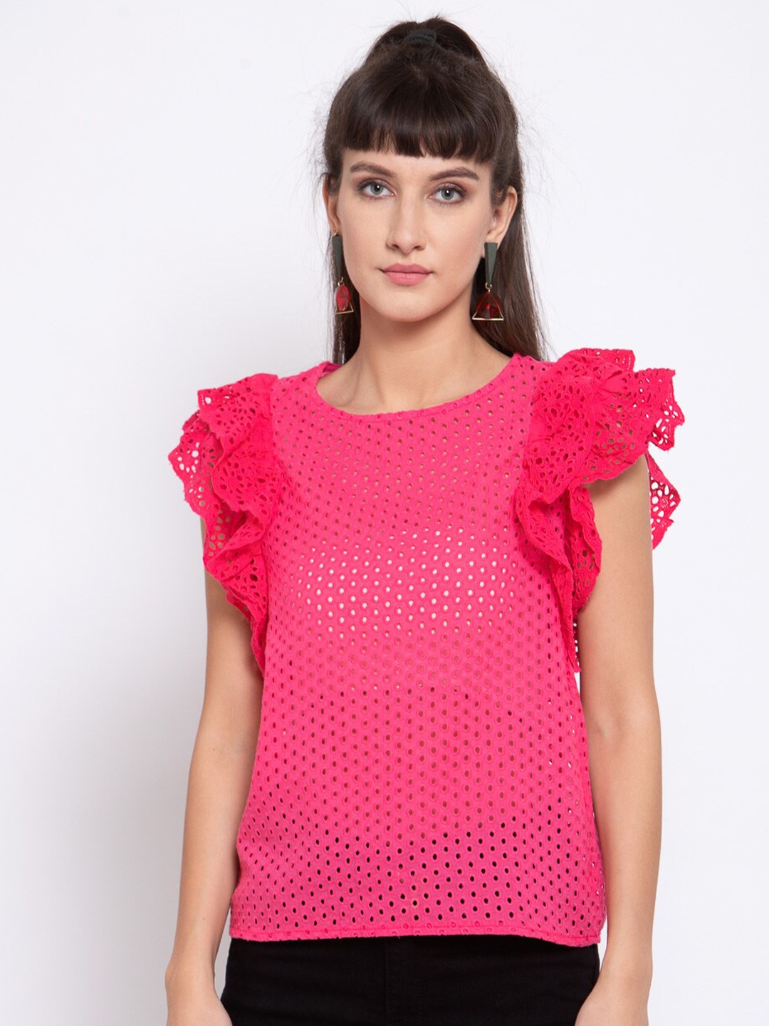 

iki chic Self Design Ruffle Sleeves Pure Cotton Top, Pink