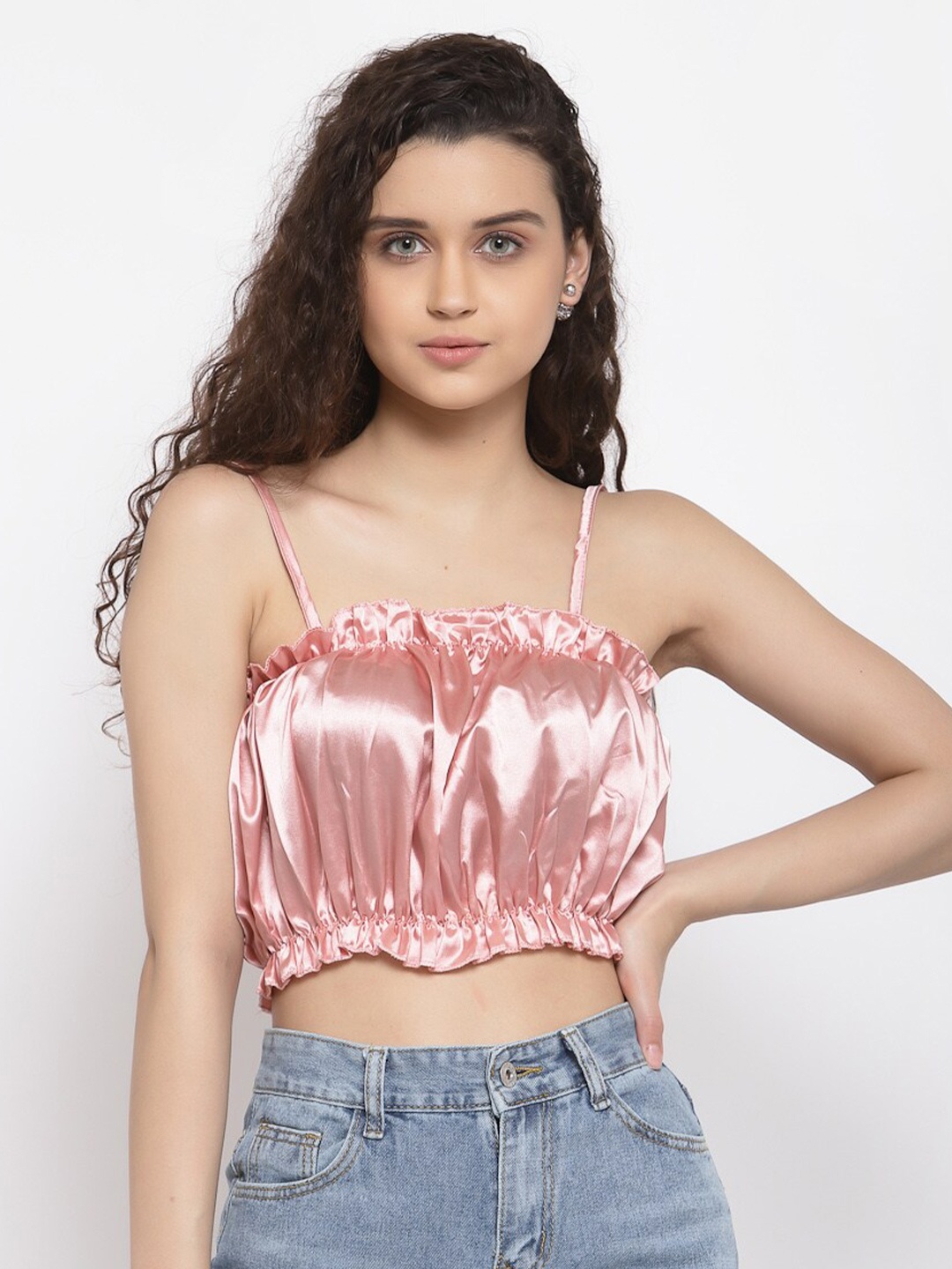 

iki chic Shoulder Straps Pleated Blouson Crop Top, Pink
