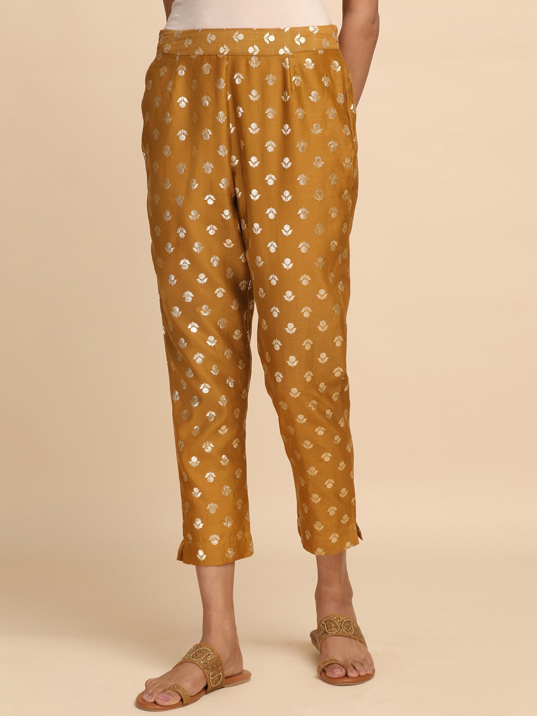 

W The Folksong Collection - Women Printed Slim Fit Trousers, Yellow