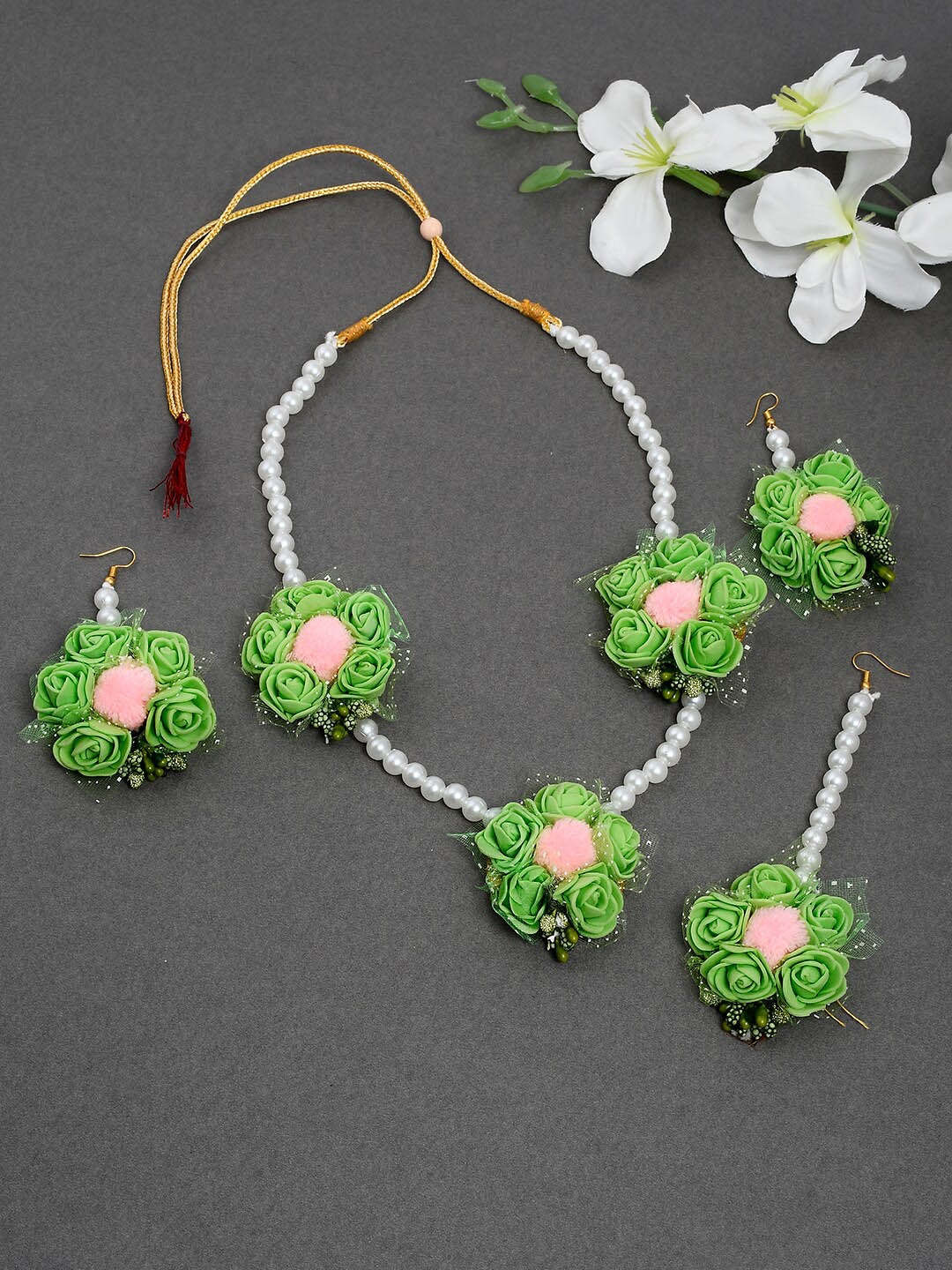 

Silvermerc Designs Floral Pearl-Beaded Haldi & Mehndi Jewellery Set, Green