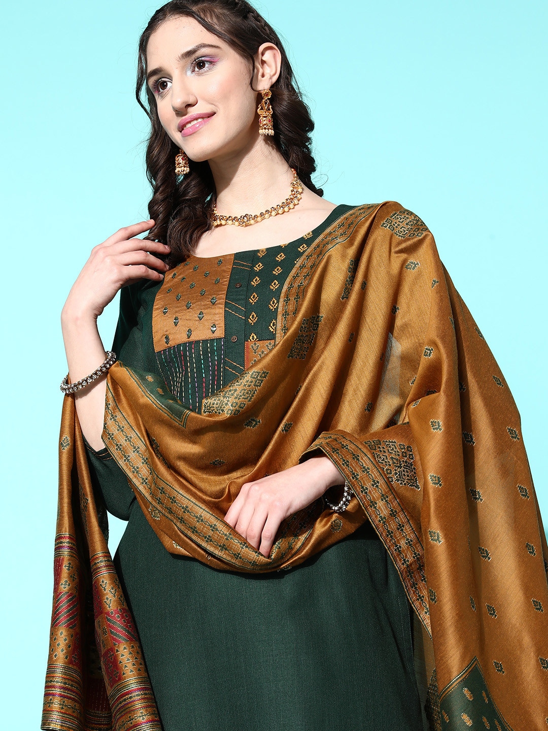 

Sangria Women Embroidered Mirror Work Kurta with Trousers & With Dupatta, Green