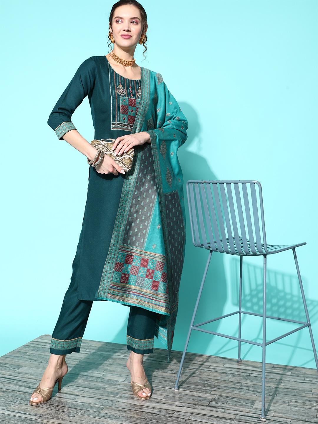 

Sangria Women Embroidered Mirror Work Kurta with Pant and Dupatta, Teal