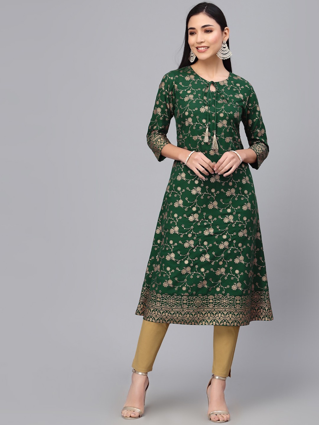 

KALINI Floral Printed Keyhole Neck A-Line Kurta, Green