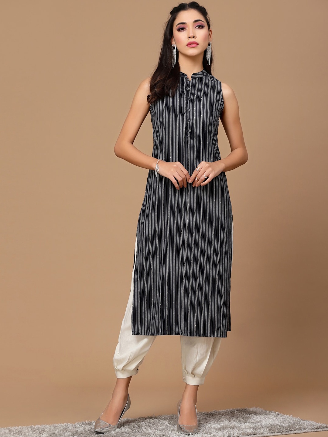

KALINI Striped Mandarin Collar Cotton Kurta, Blue