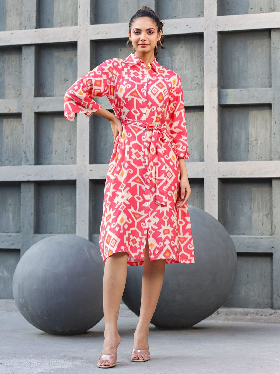

JISORA Floral Shirt Collar A-Line Dress, Pink