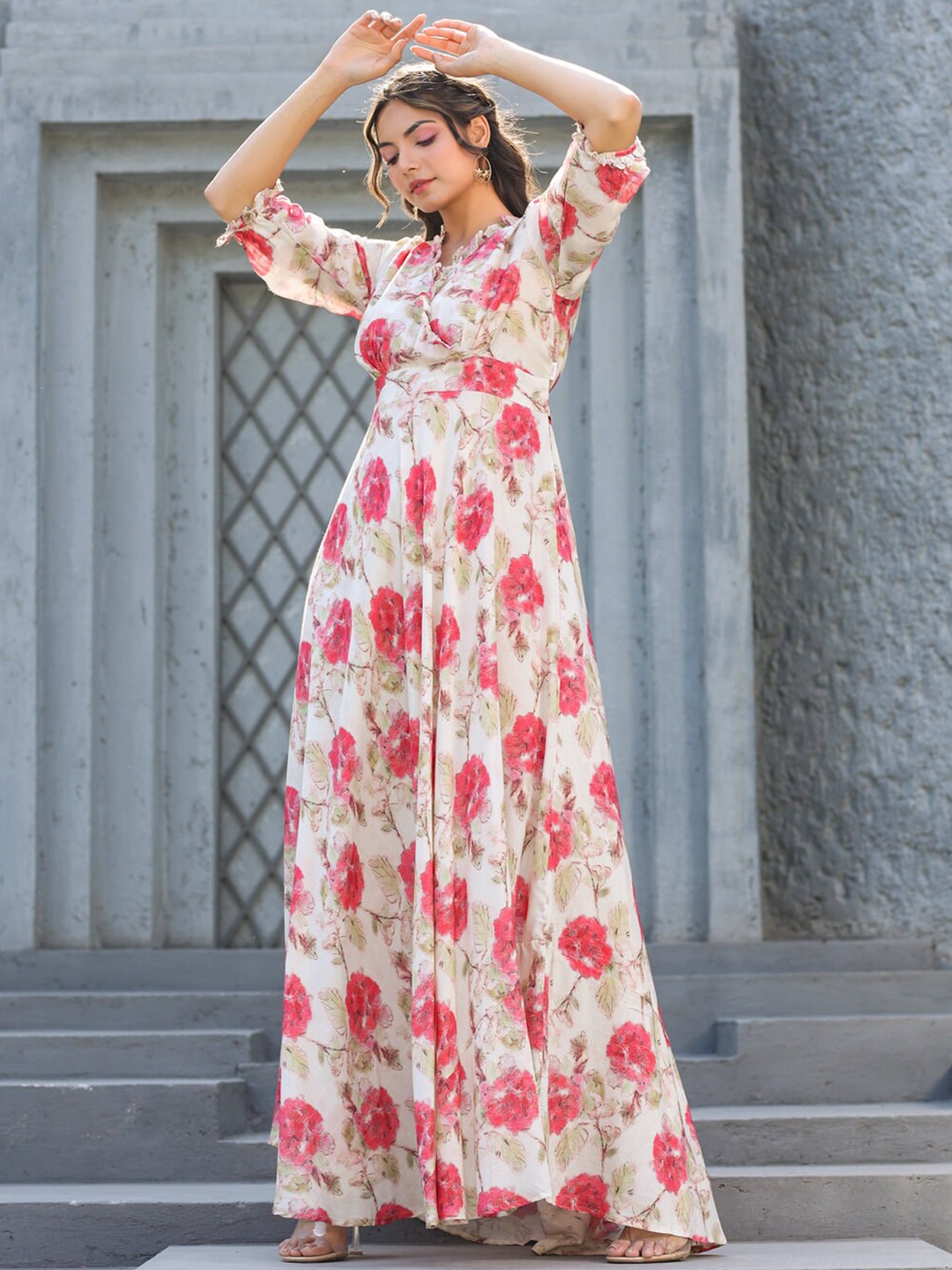 

JISORA Floral Printed V- Neck Fit & Flare Maxi Dress, Off white