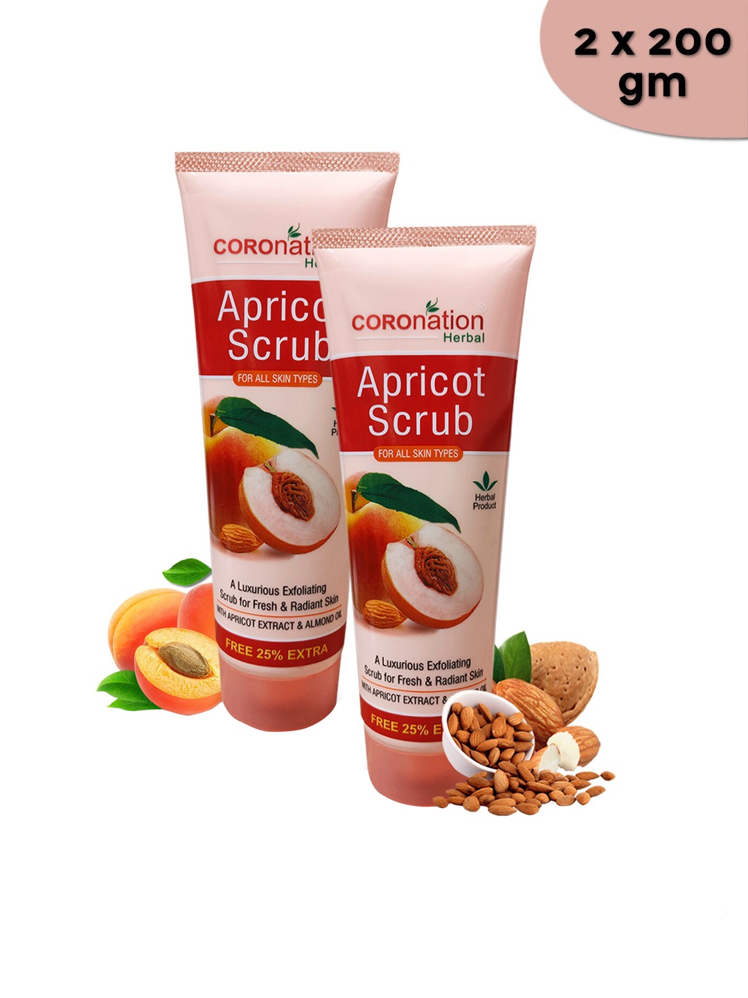 COROnation Herbal Set Of 2 Herbal Apricot Face Scrub 200 g Each, Peach