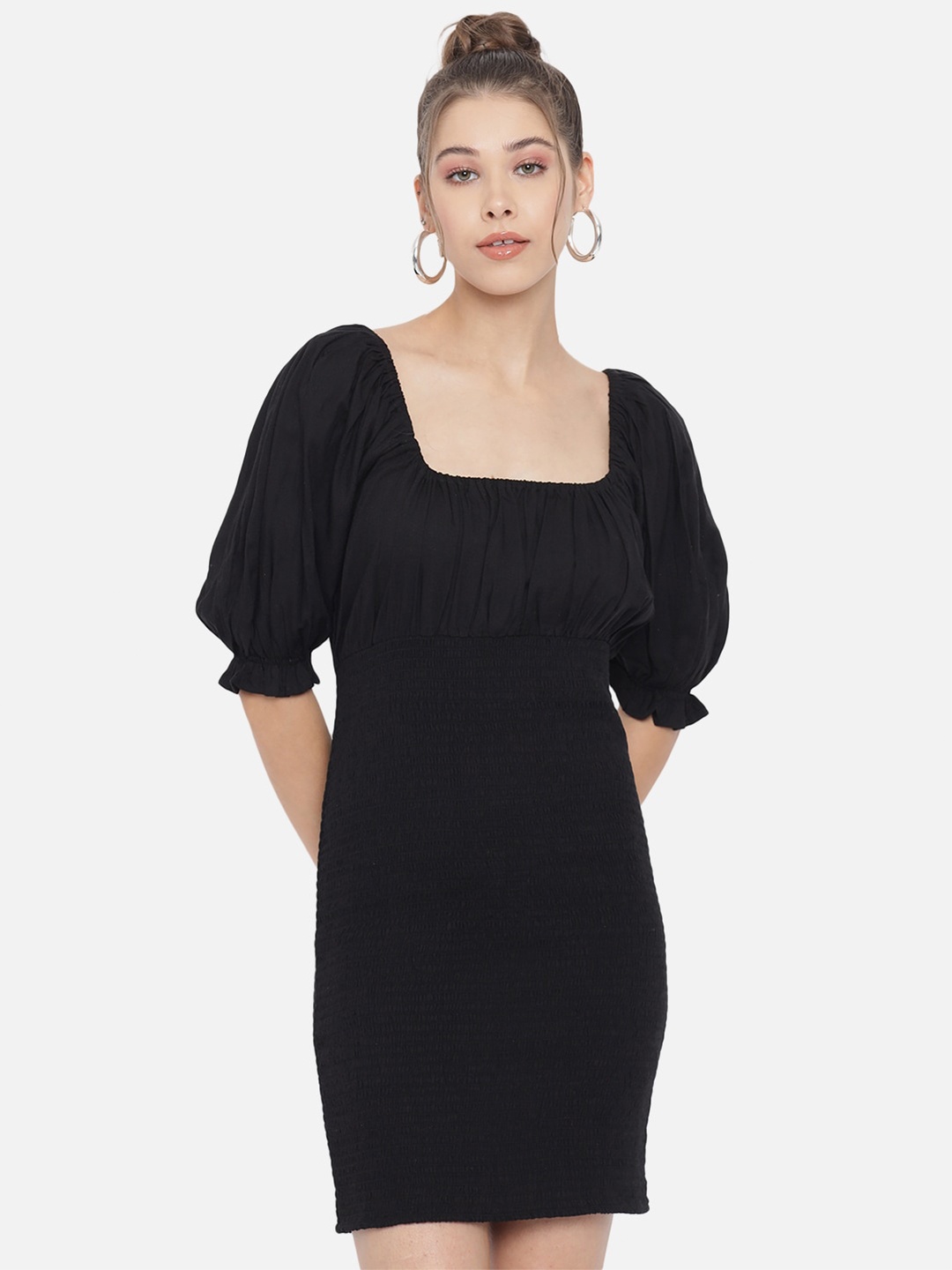 

Trend Arrest Smocked Puff Sleeves Sheath Dress, Black