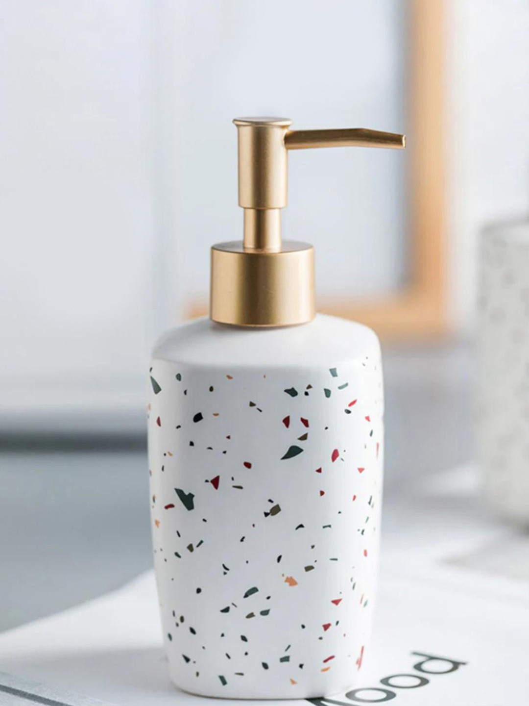 

Nestasia White & Gold-Printed Mosaic Printed Round Long Terrazzo Soap Dispenser - 380ml