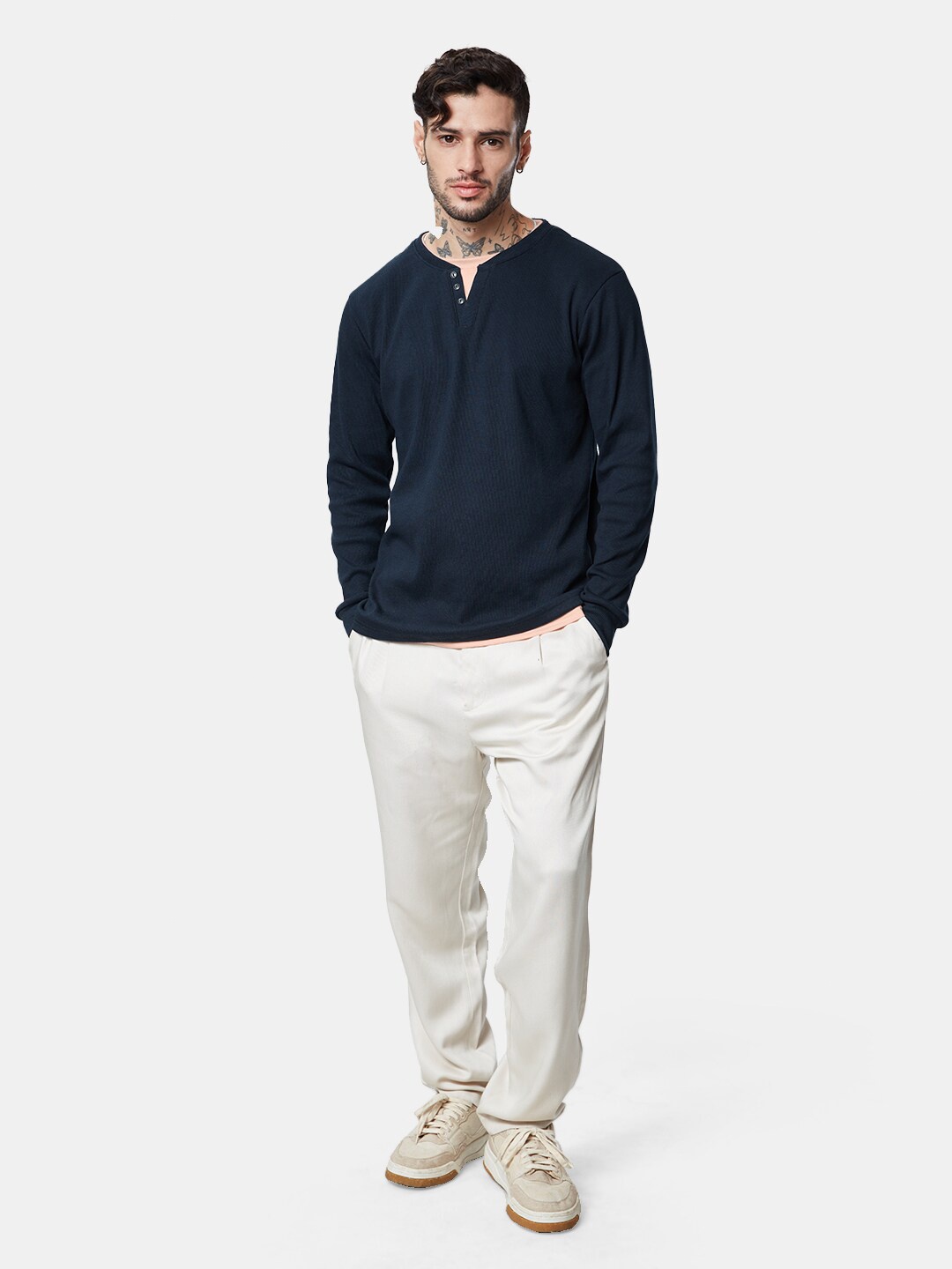 

The Souled Store Textured Long Sleeve Henley Neck Pure Cotton T-shirt, Navy blue