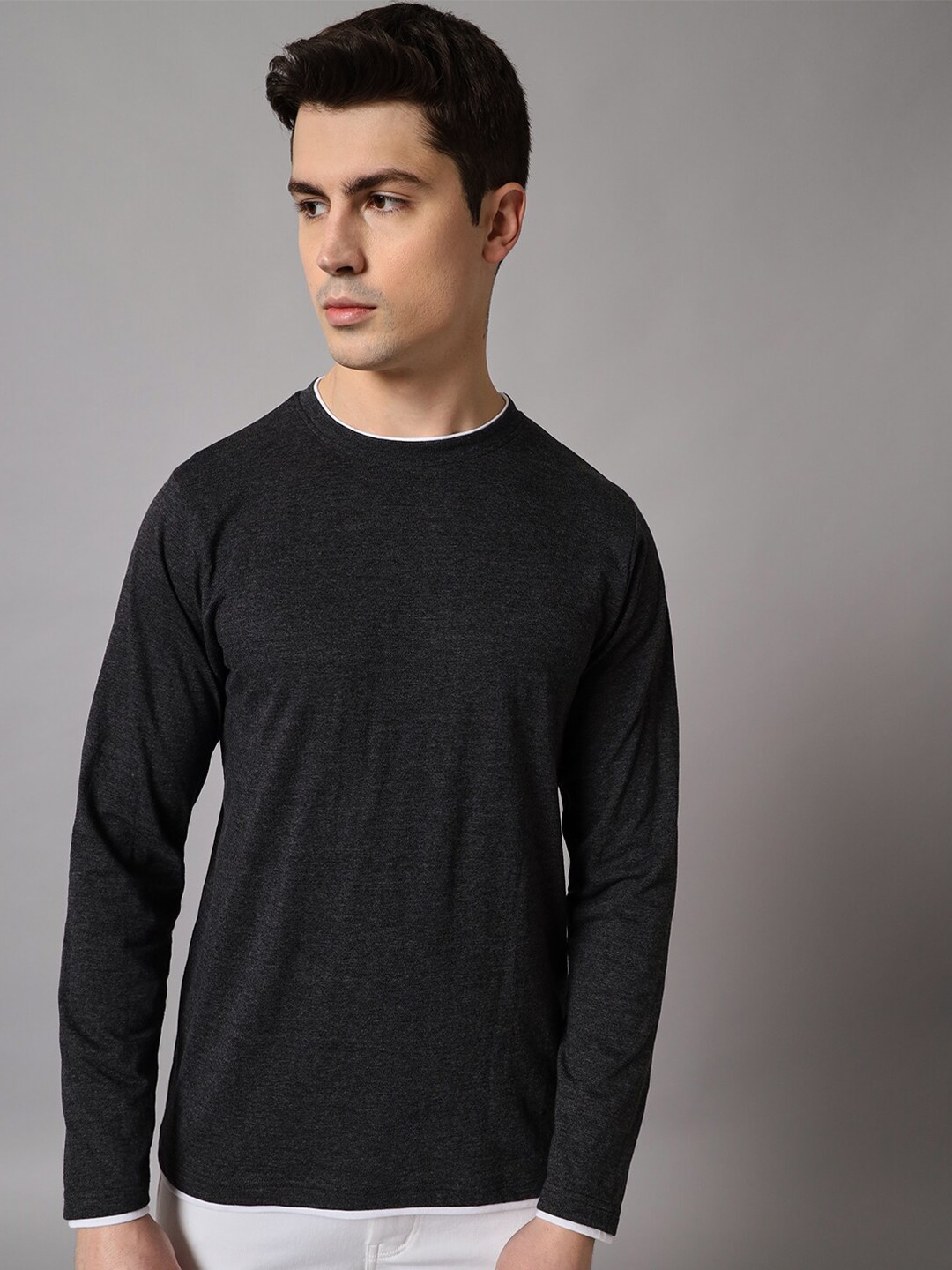 

The Dry State Long Sleeve Round Neck Cotton Casual T-shirt, Charcoal