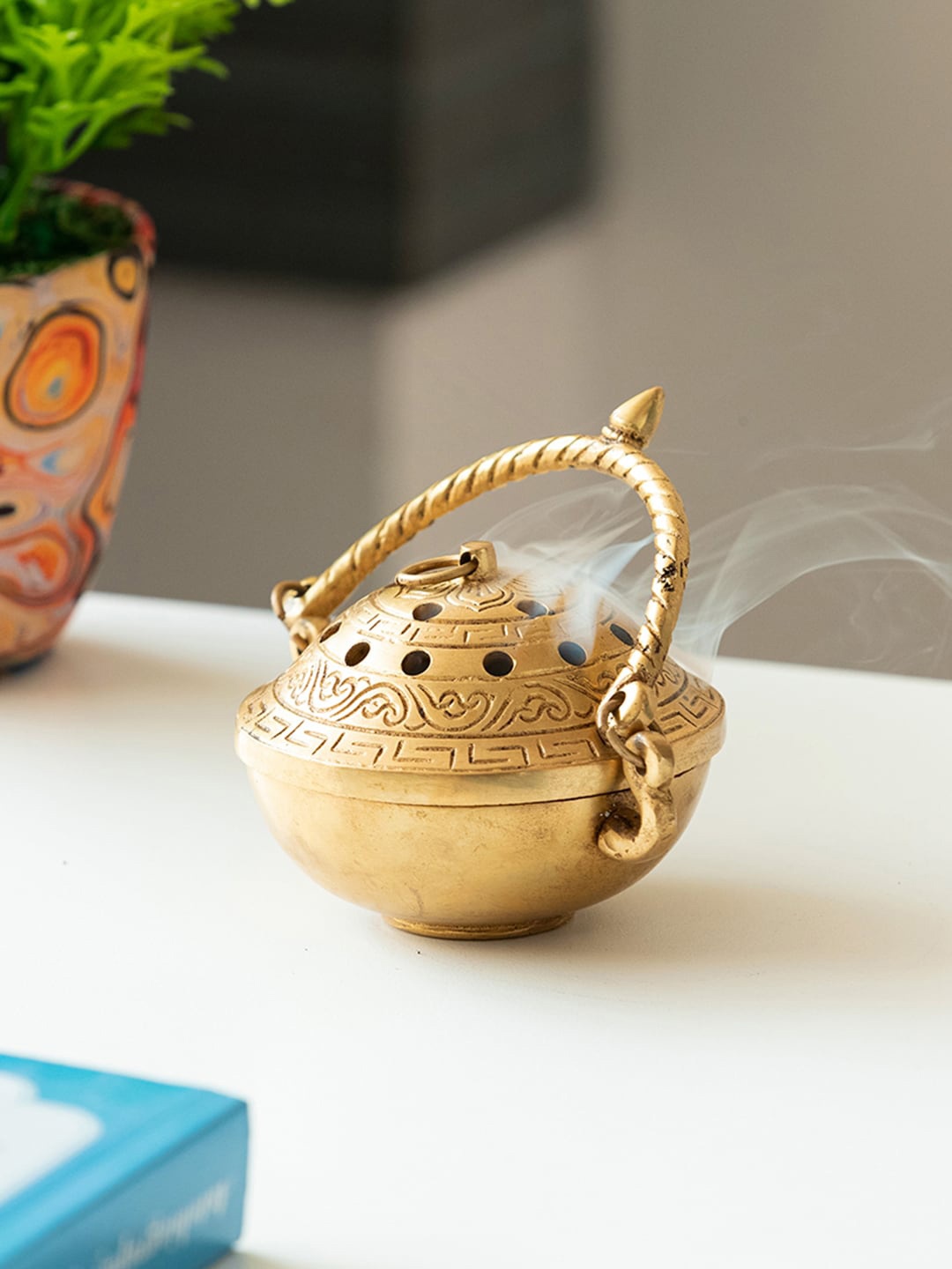 

ExclusiveLane Inaayat Gold-Toned Textured Brass Dhoop Dani Incense Burner