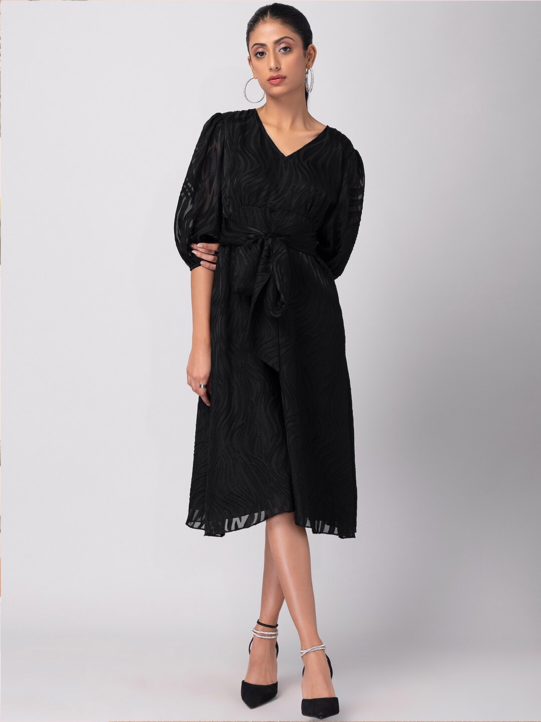 

FabAlley Self Design Fit & Flare Midi Dress, Black