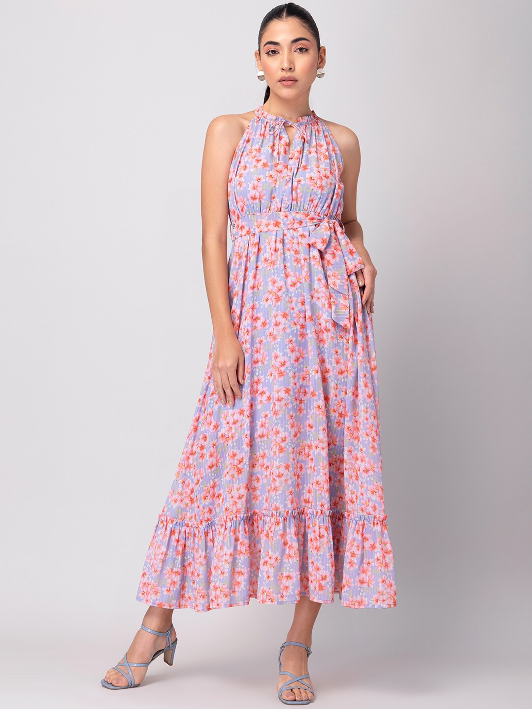 

FabAlley Floral Printed Tie-Up Neck Fit & Flare Maxi Dress, Blue