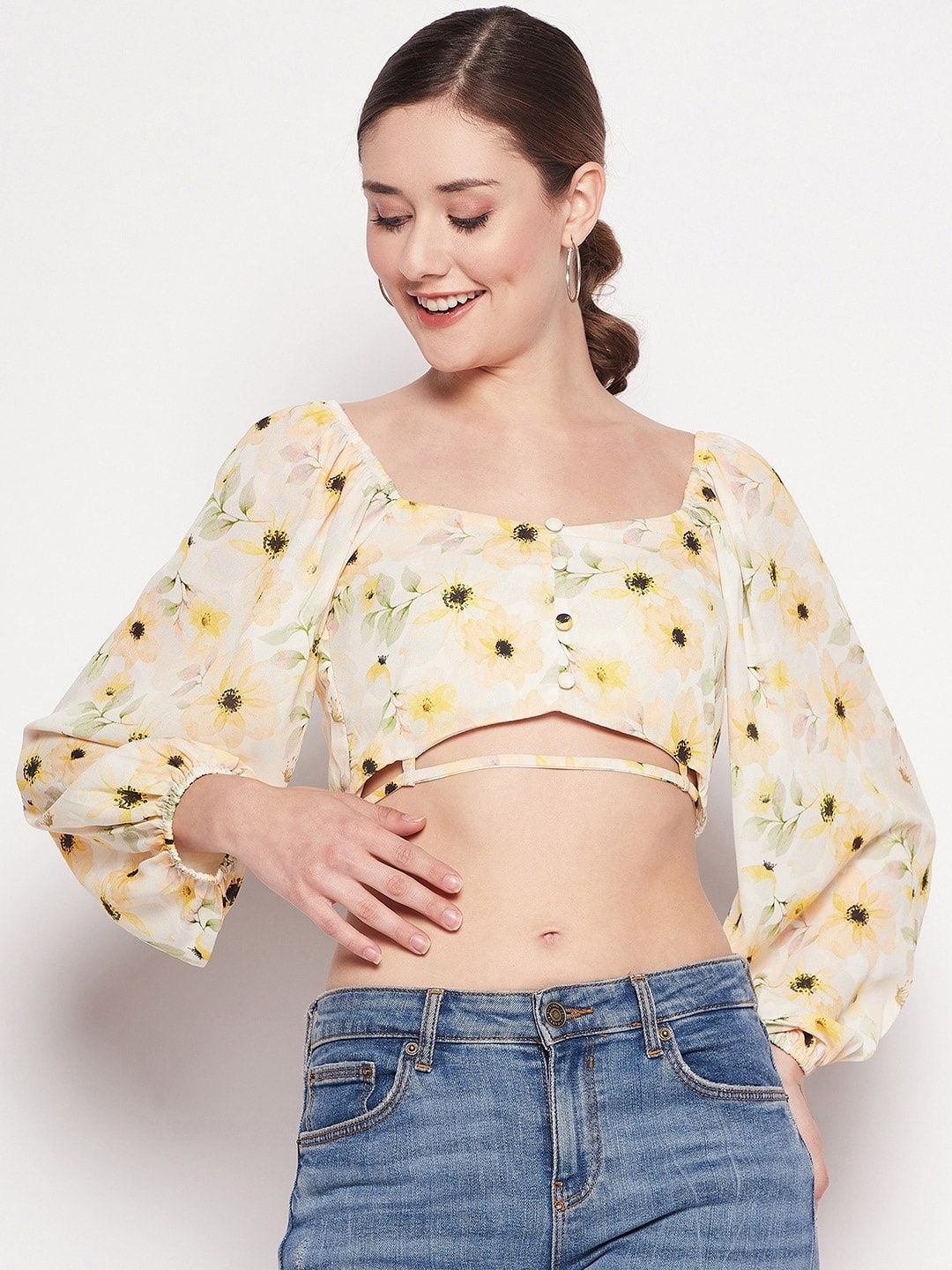 

Madame Floral Printed Square Neck Puff Sleeves Crop Top, Yellow