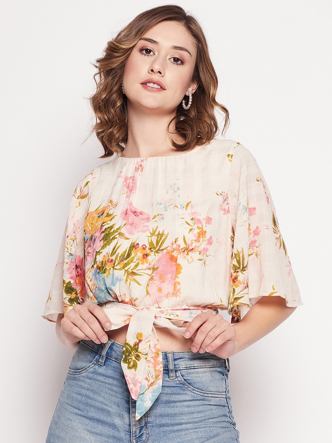 

Madame Floral Printed Waist Tie-Ups Flared Sleeves Crop Top, Beige