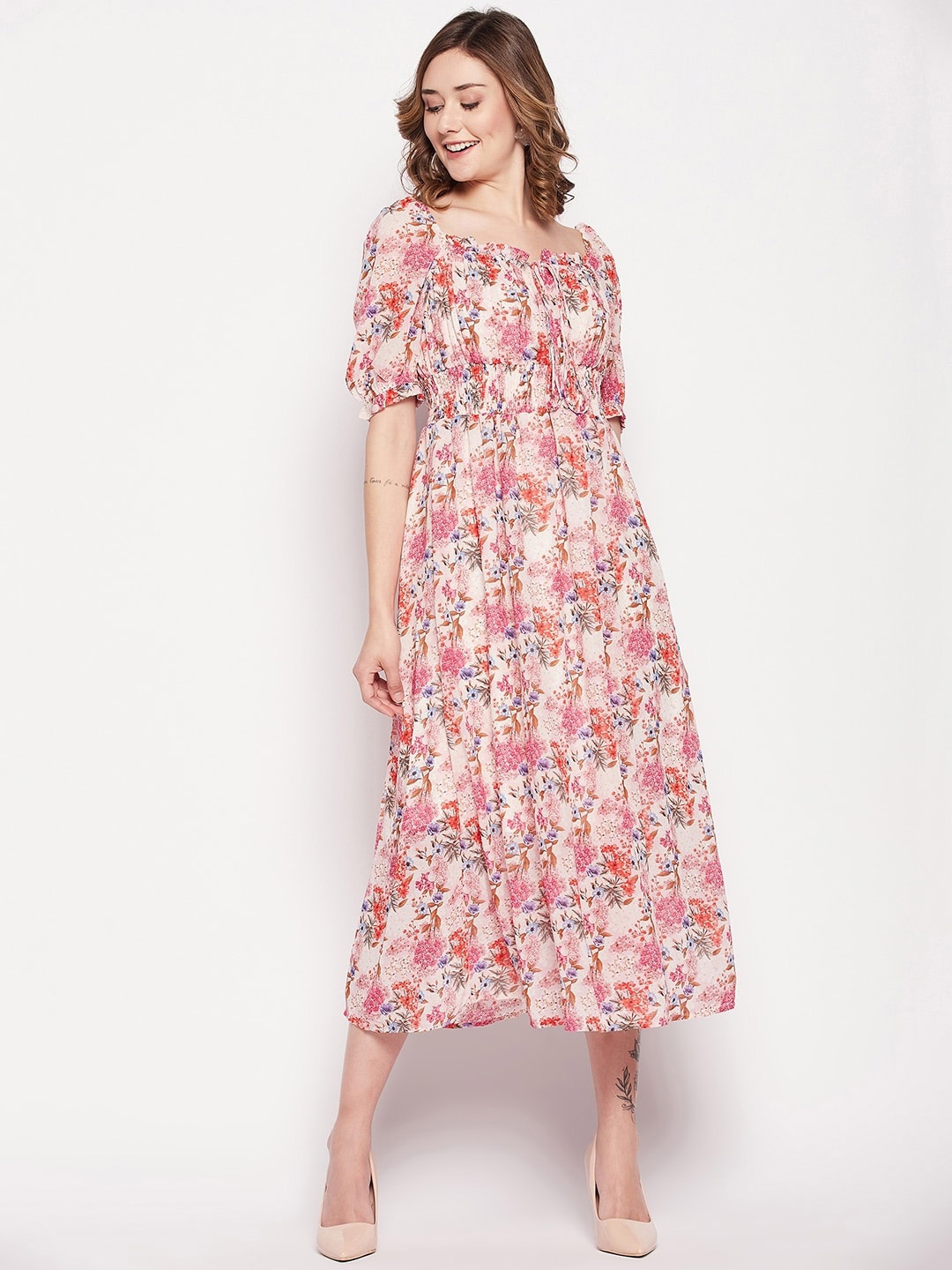 

Madame Floral Printed Smocked Fit & Flare Midi Dress, Pink