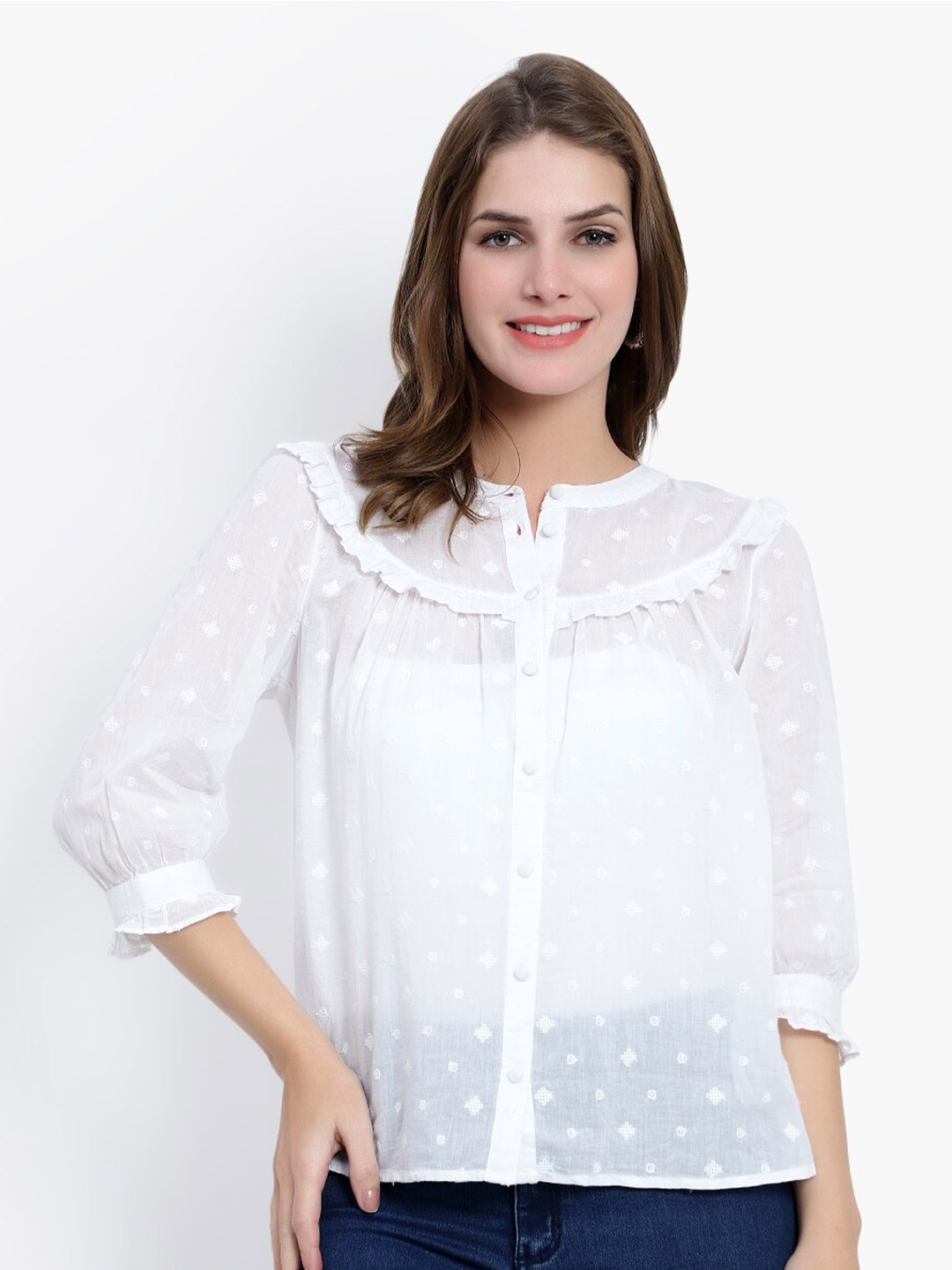 

DRIRO Geometric Embroidered Collar Pure Cotton Top, White