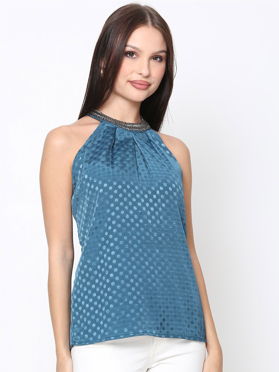 

DRIRO Self Design Jewel Neck Embellished Top, Green
