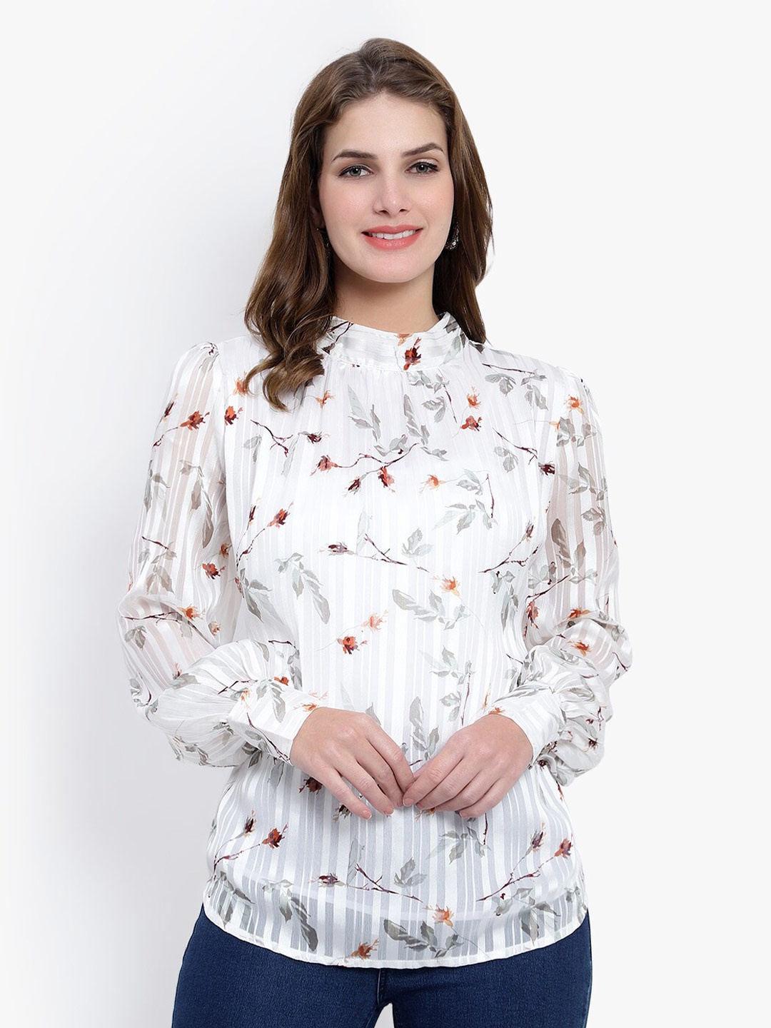 

DRIRO Floral Striped Printed Chiffon Top, White