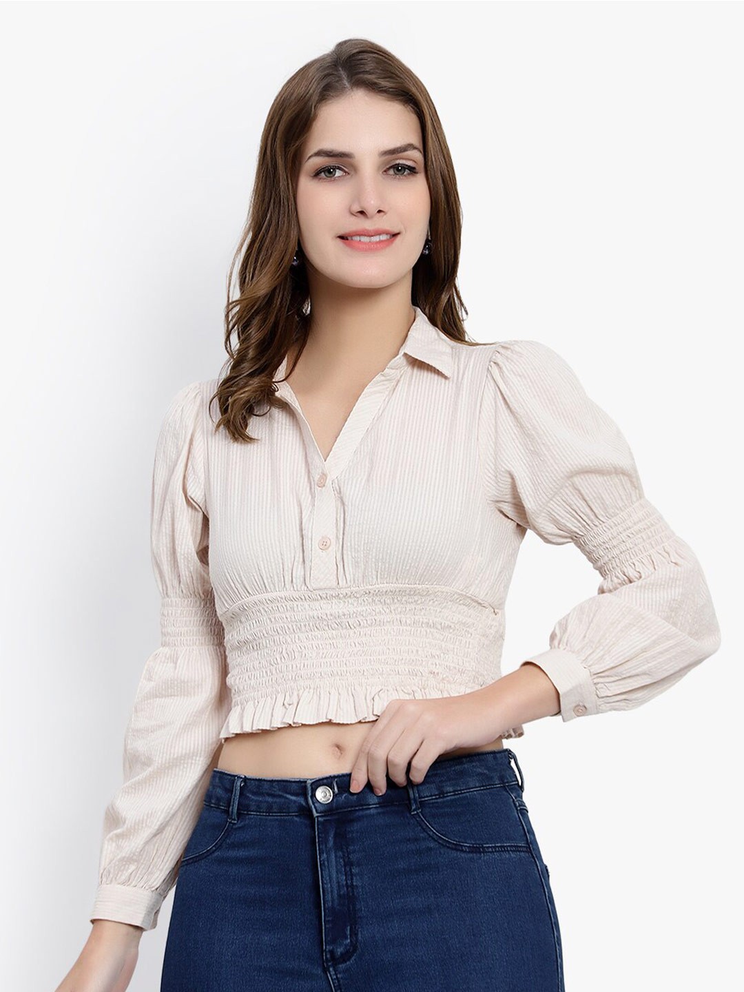 

DRIRO Cotton Blouson Crop Top, Cream