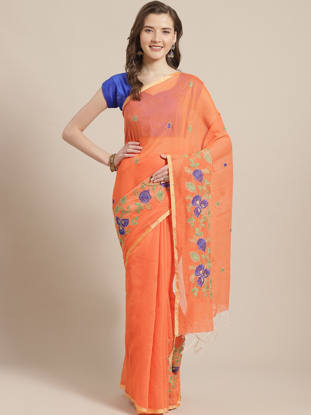 

Laa Calcutta Floral Embroidered Silk Cotton Saree, Orange