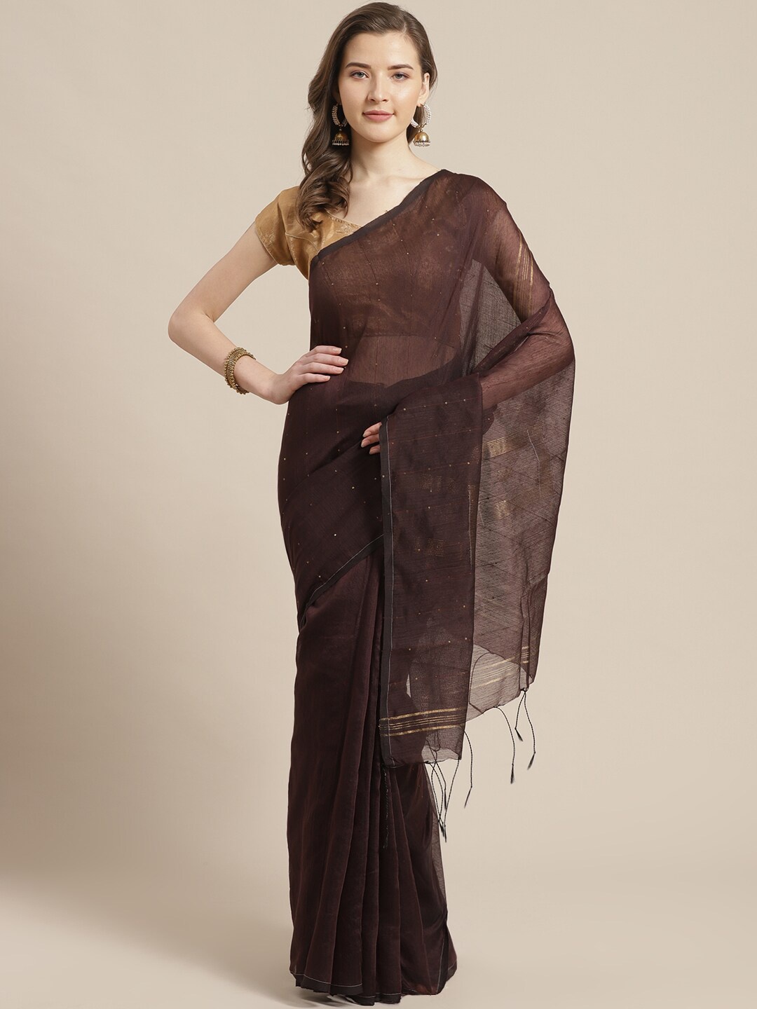 

Laa Calcutta Embellished Sequinned Silk Cotton Saree, Coffee brown