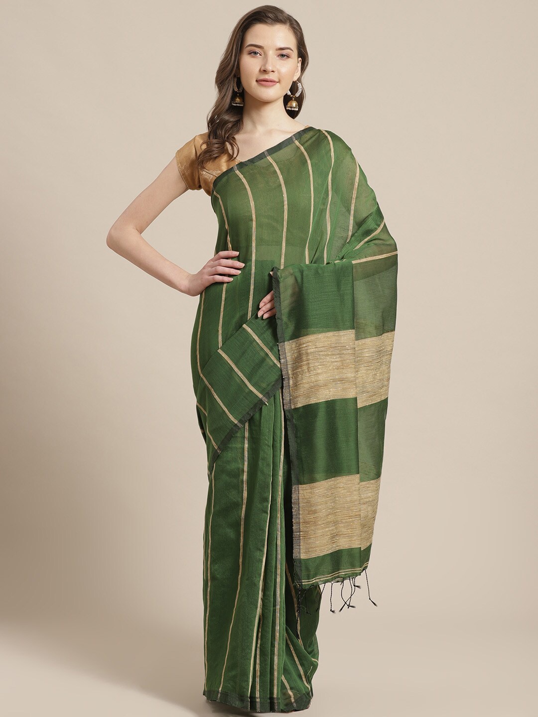 

Laa Calcutta Striped Cotton Blend Saree, Green