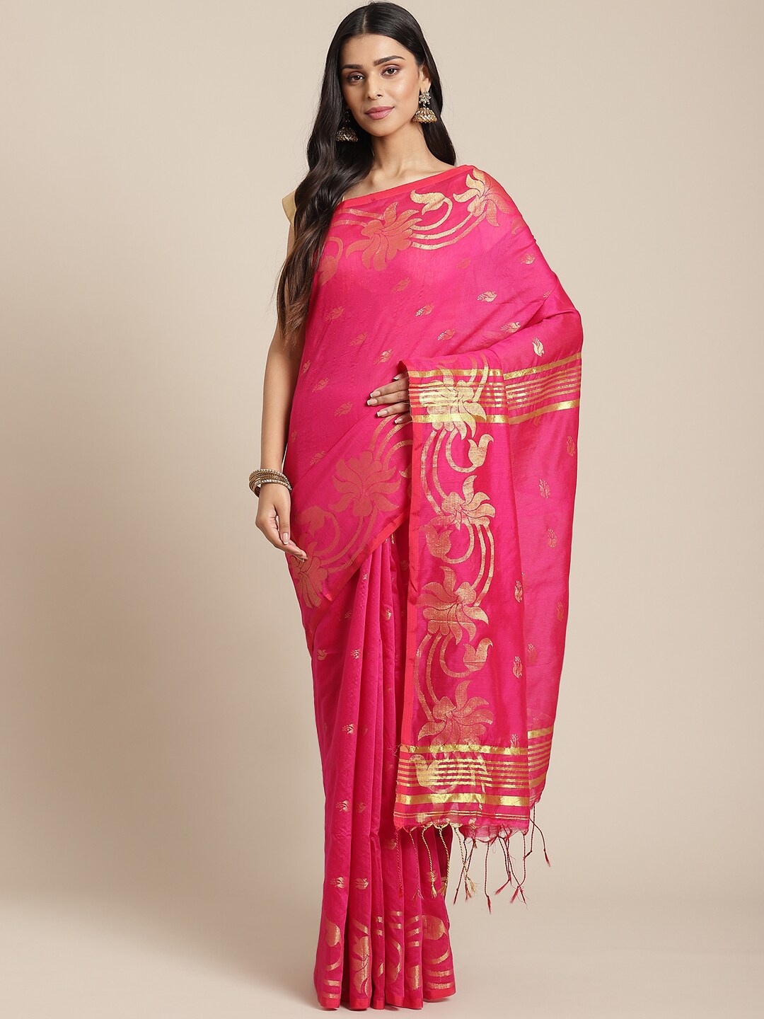 

Laa Calcutta Floral Woven Design Zari Silk Cotton Saree, Pink