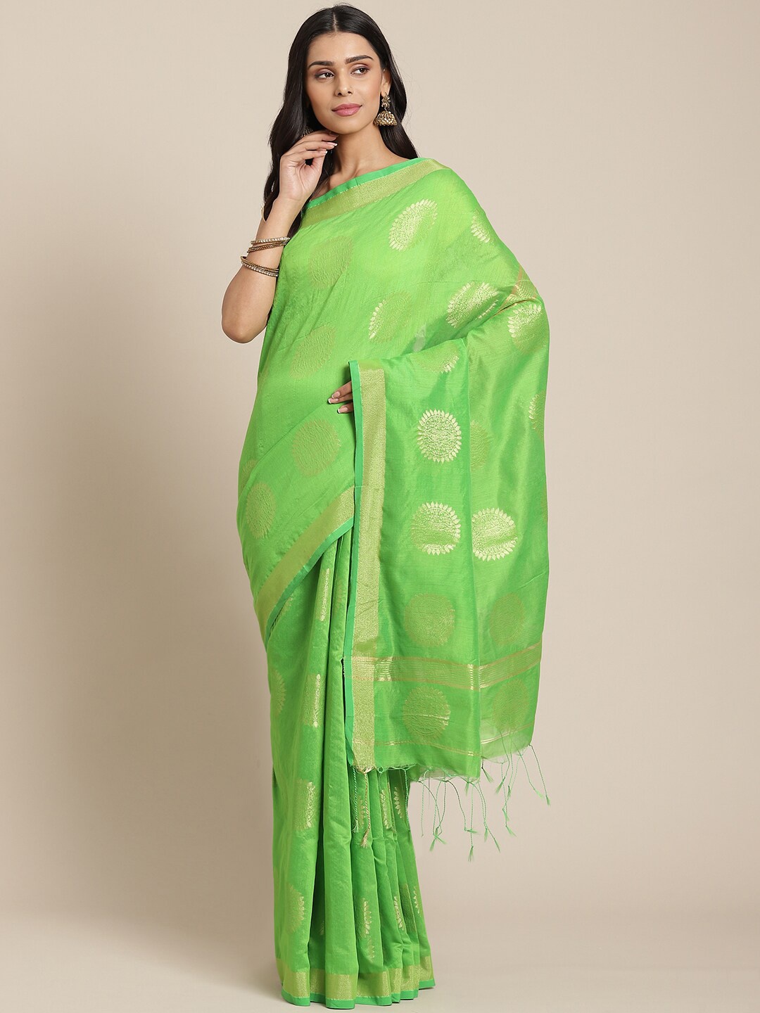 

Laa Calcutta Ethnic Motifs Woven Design Zari Silk Cotton Saree, Green