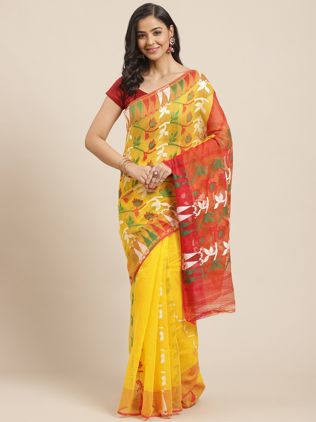 

Laa Calcutta Floral Motif Woven Design Jamdani Saree, Yellow