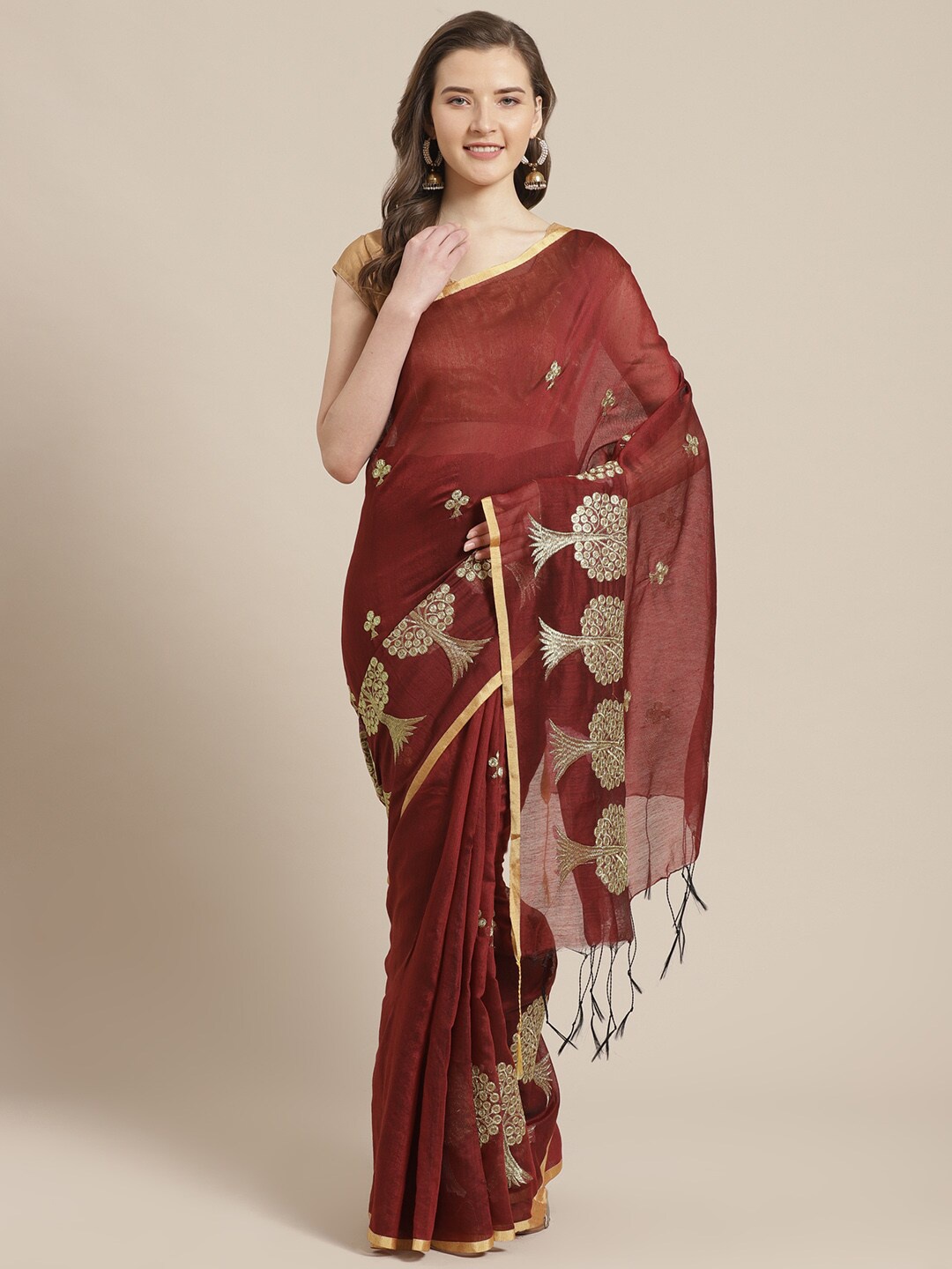 

Laa Calcutta Floral Embroidered Silk Cotton Saree, Maroon