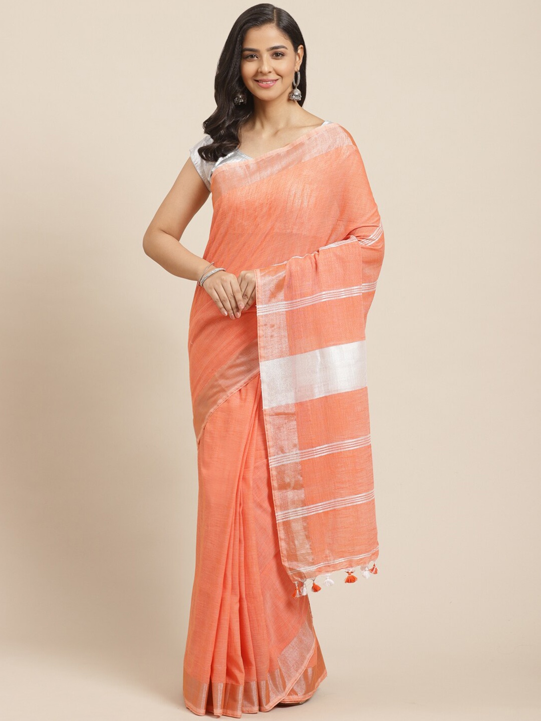 

Laa Calcutta Striped Silk Cotton Saree, Orange