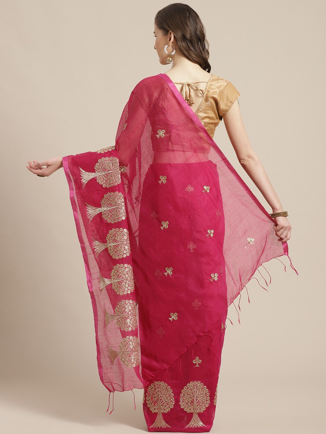 

Laa Calcutta Floral Embroidered Silk Cotton Saree, Pink