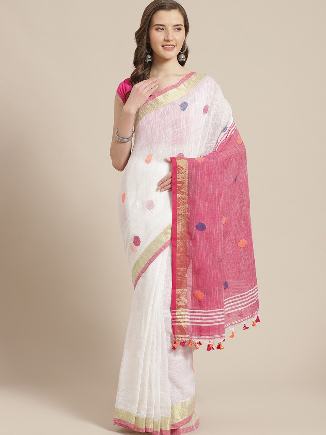 

Laa Calcutta Polka Dots Woven Design Silk Cotton Saree, White