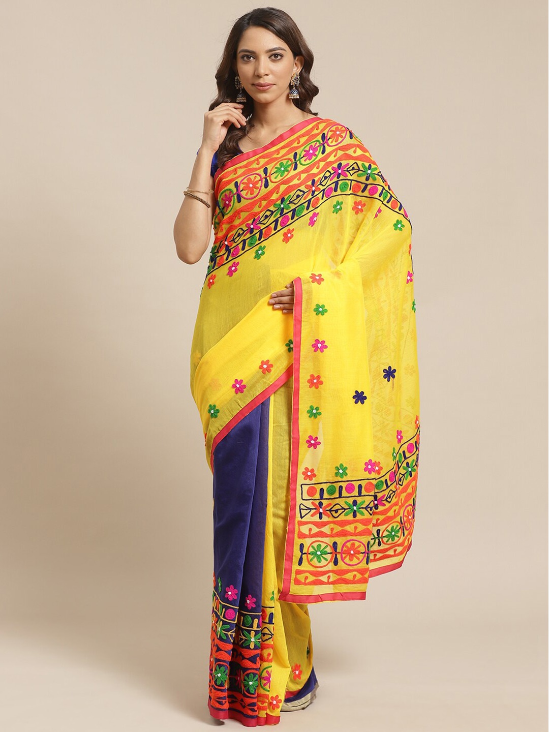 

Laa Calcutta Floral Embroidered Silk Cotton Saree, Yellow